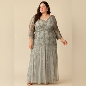 Roman's Dusty Blue‎ Gray Beaded Gown Maxi Length Dress Plus Size 26W, NWT